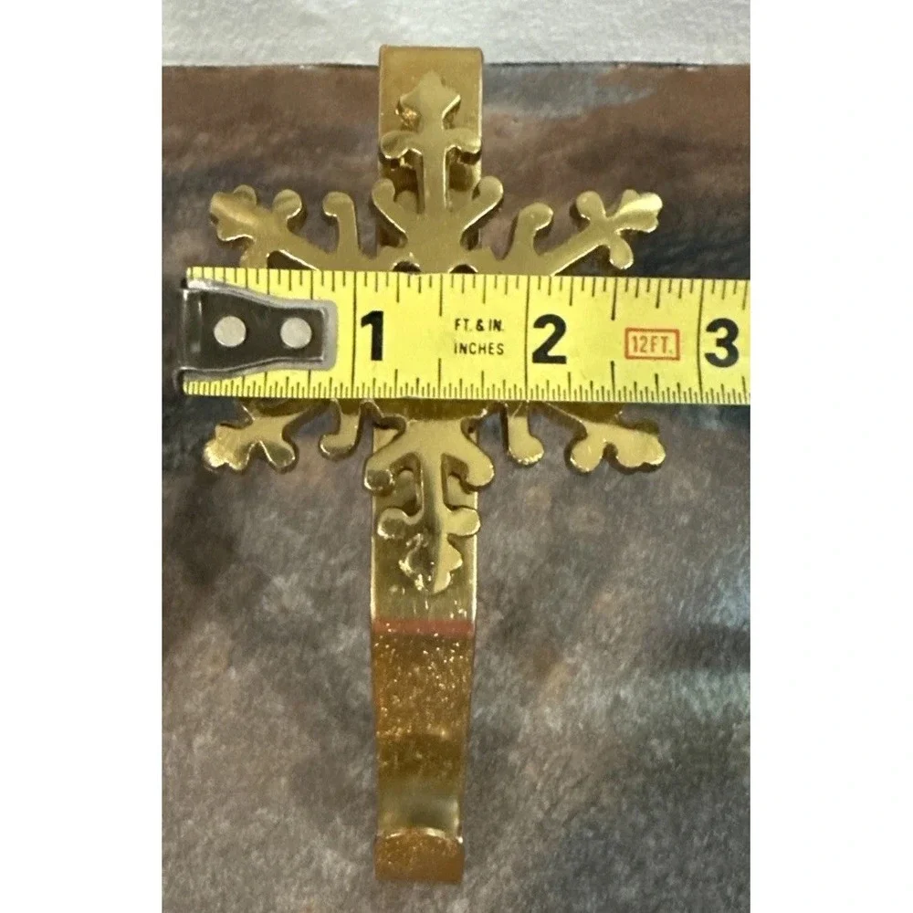 Brass Snowflake Christmas Stocking Holders Mantel Hooks Set of 2 Gold Tone